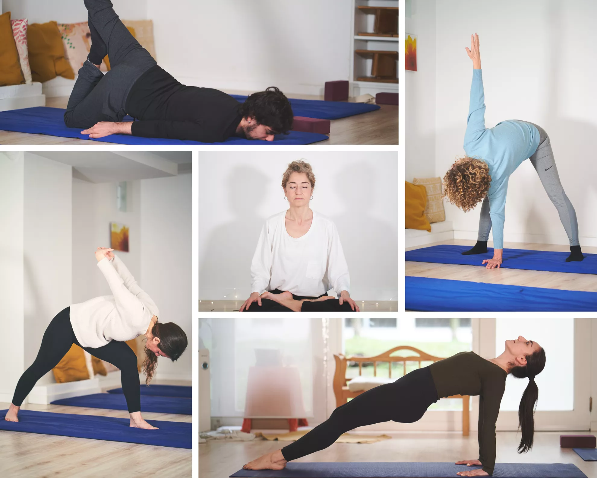 Collage de 5 fotos de personas practicando yoga