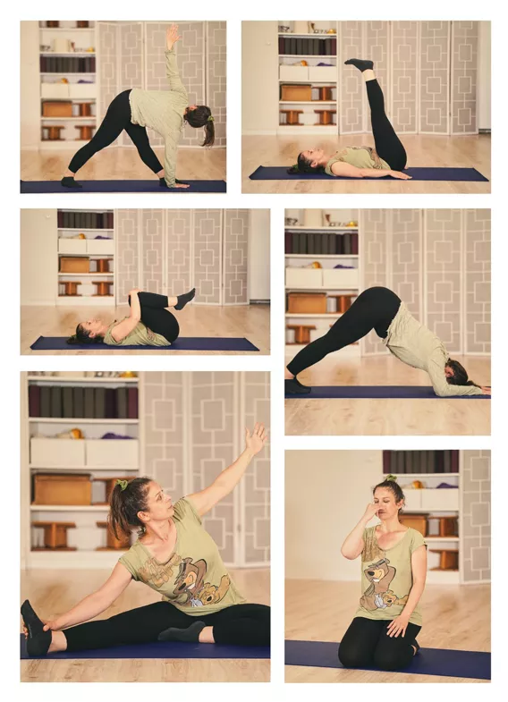 collage de fotos de una mujer haciendo yoga